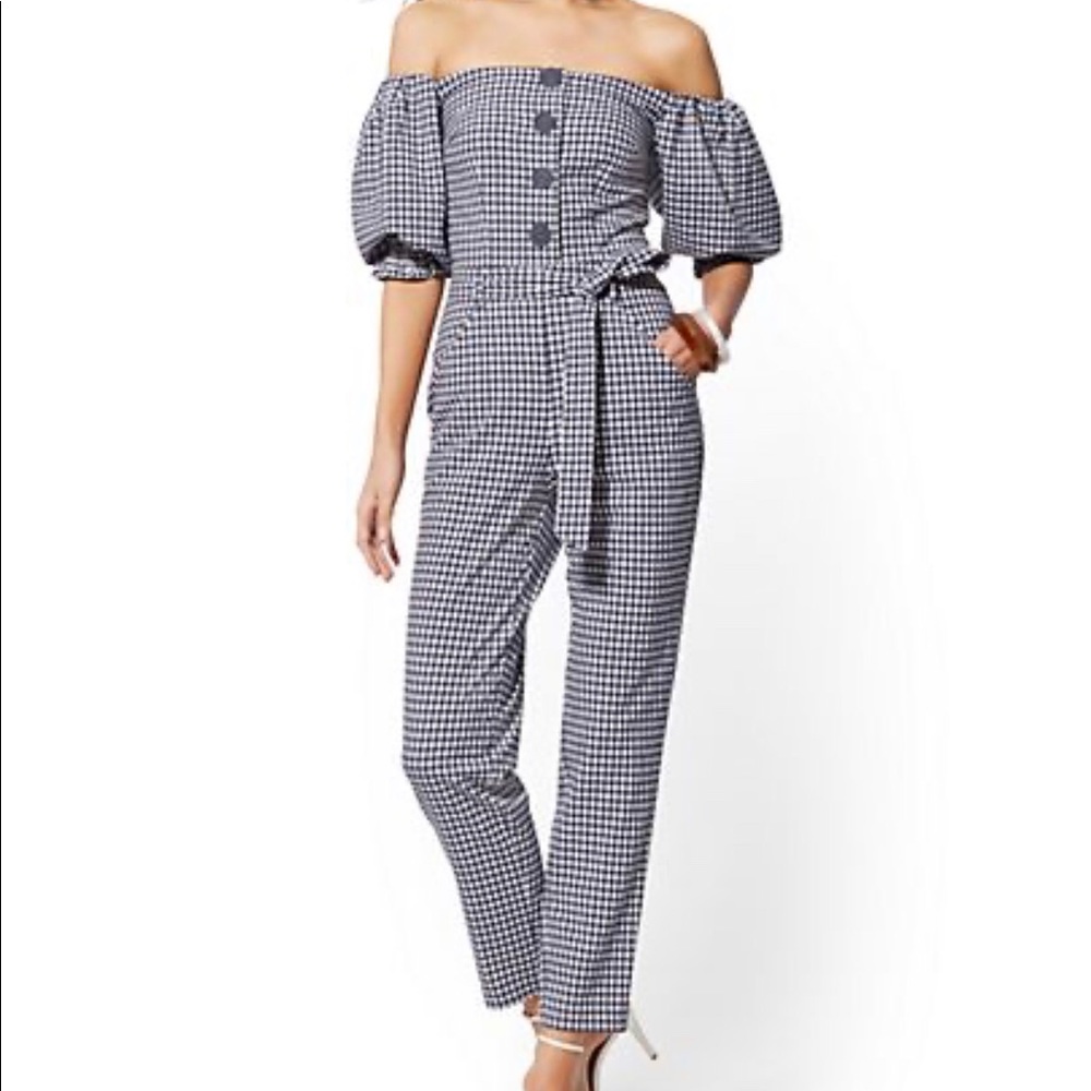 New York & Company Navy Gingham Cropped Jumpsuit